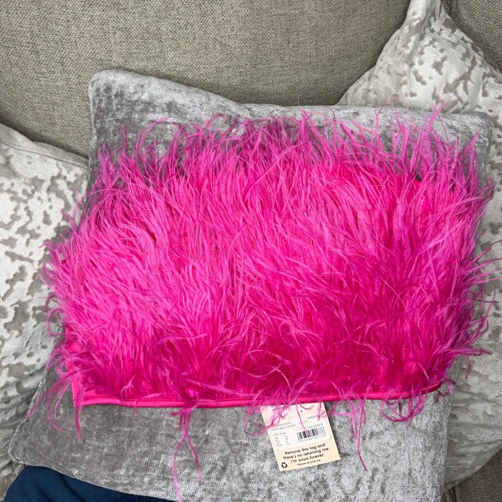 Missguided Hot Pink Feather Trim Strapless Corset Top US 6 NWT ✨